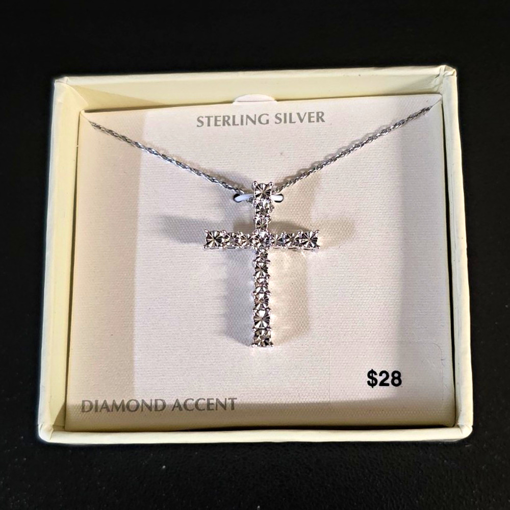 Sterling Silver 925 Diamond Accent Cross Pendant Necklace Rope Chain Spring Ring